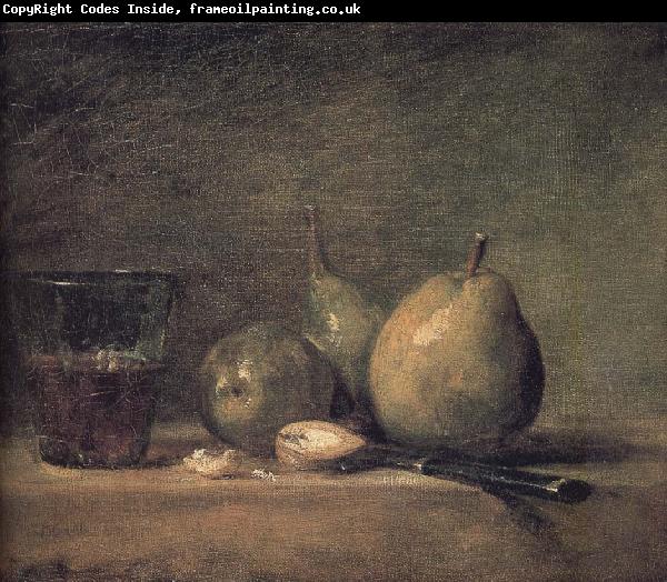 Jean Baptiste Simeon Chardin Sheng three pears walnut wine glass and a knife